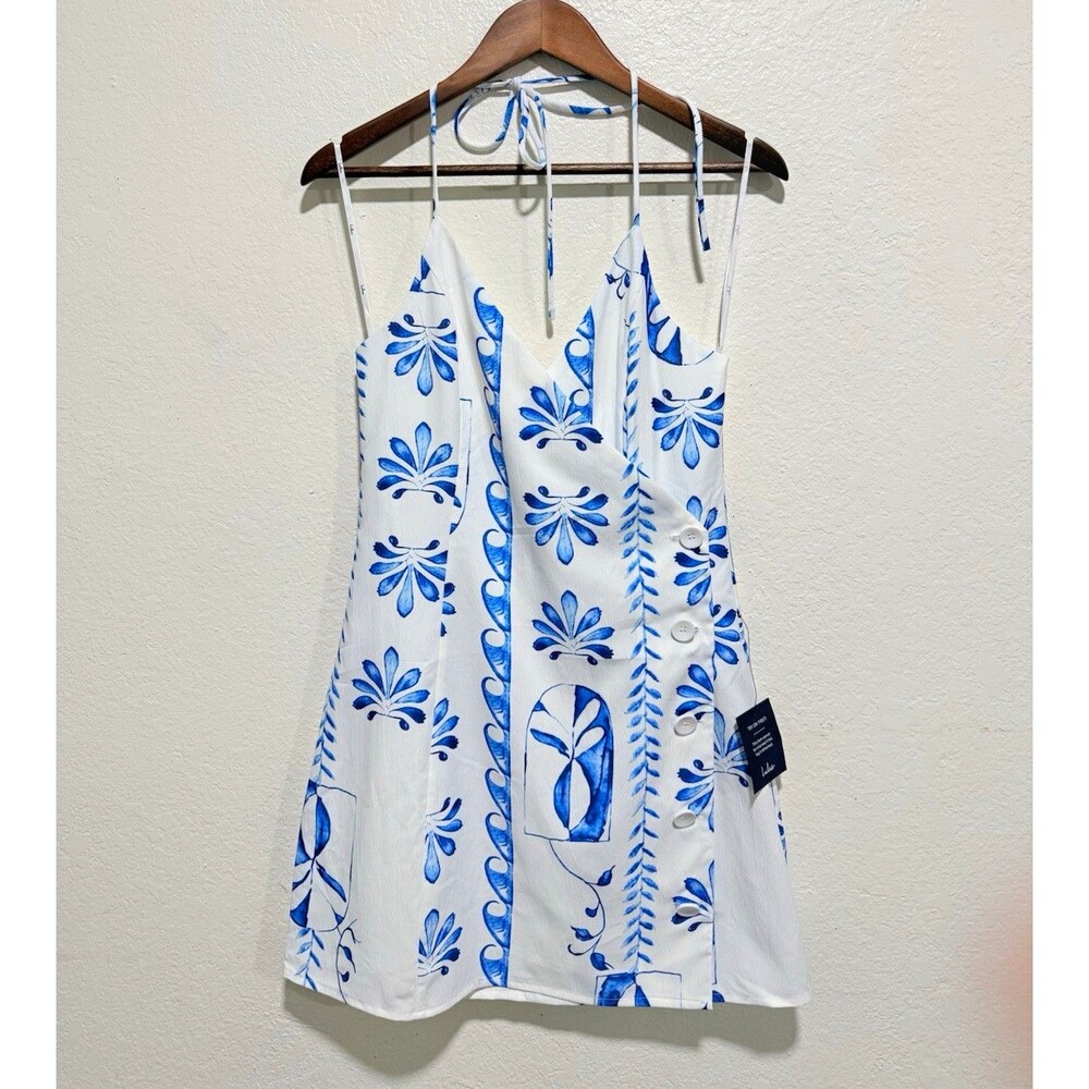 Lulus Prue Ivory Blue Tiel Print Halter Front V-Neck Strappy Lined Size M